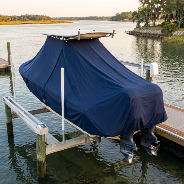 Boat covered with a dark blue tarp on a metal boat lift at a marina, with two outboard motors visible beneath the cover.