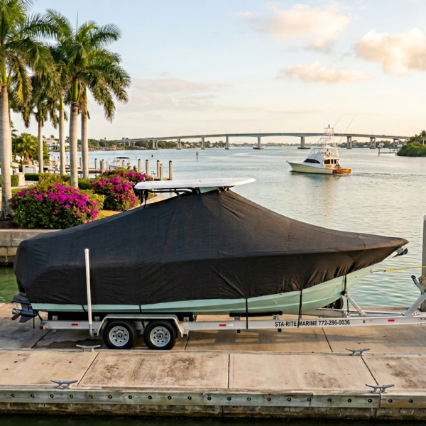 Motorboat on a dual-axle trailer at a marina, covered with a black tarp, with palm trees and a bridge in the background.