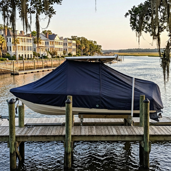 Covered boat on a wooden dock by calm water, with waterfront houses in the background.