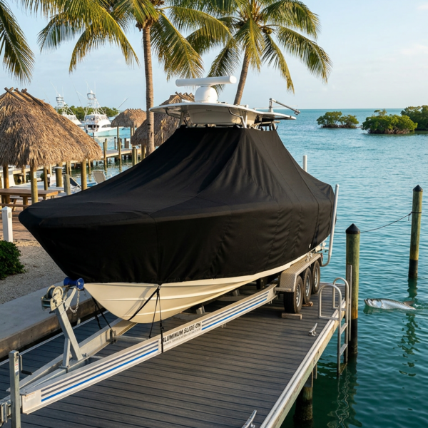 Boat on a trailer covered with a black canvas at a marina, palm trees and aqua water in the background