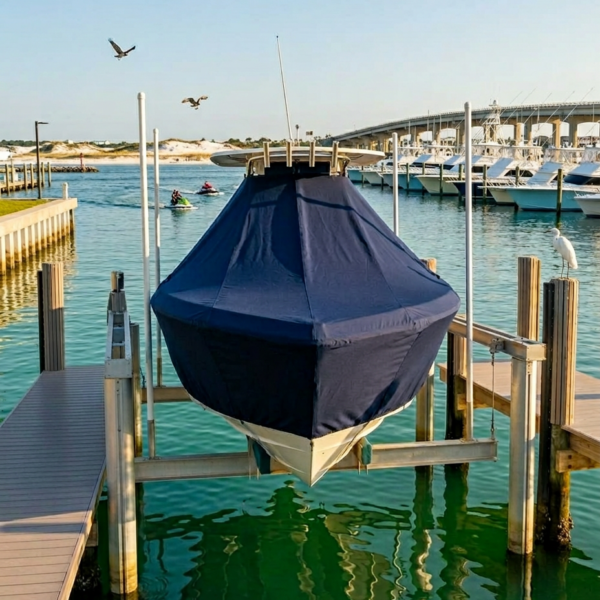 Blue-covered boat on a lift at a sunny marina, with calm green water and other boats in the background.