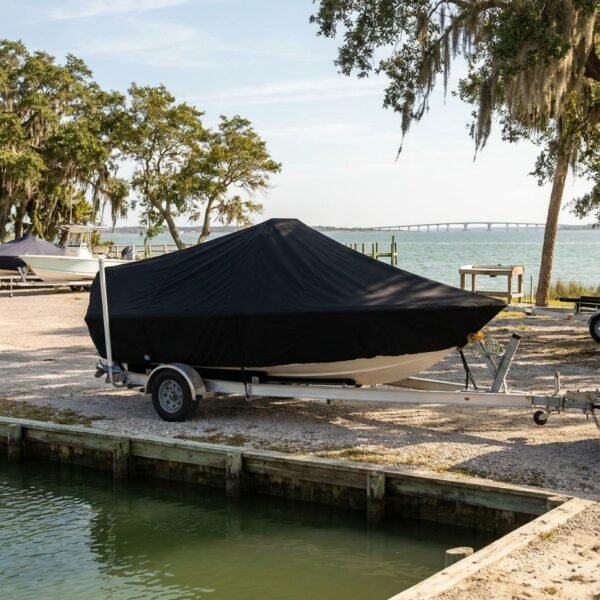 Savannah 19 center console boat cover in black Sunbrella fabric on trailer at Bogue Sound, Morehead City NC