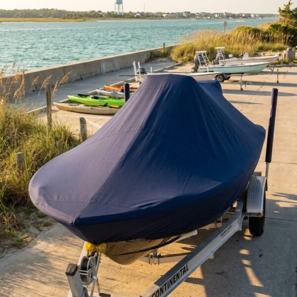 Savannah 19 SS center console boat cover in navy Sunbrella fabric on trailer at Masonboro Island, Wrightsville Beach NC