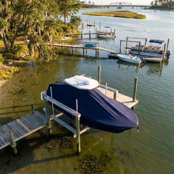 Savannah 21 SS T-Top boat cover in navy Sunbrella fabric on dock lift at Topsail Island, NC
