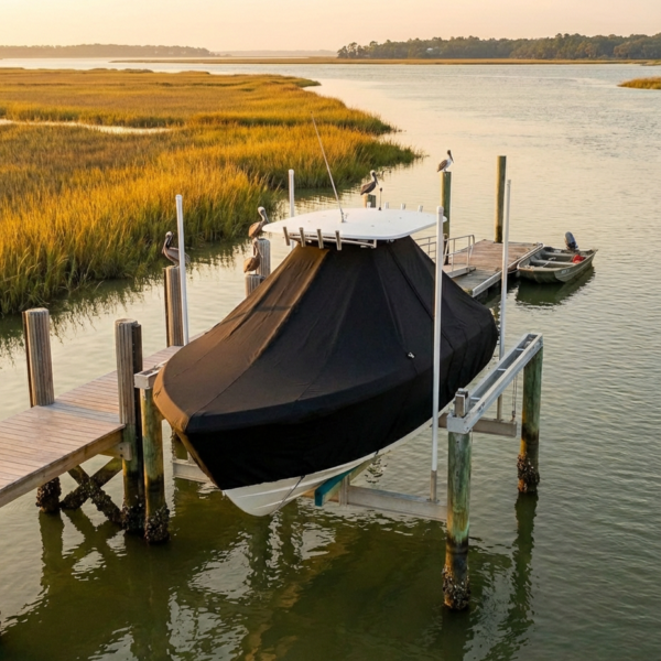A covered boat on a docked trailer at a wooden pier beside calm marshland at sunset, with tall grasses and birds perched on posts nearby.