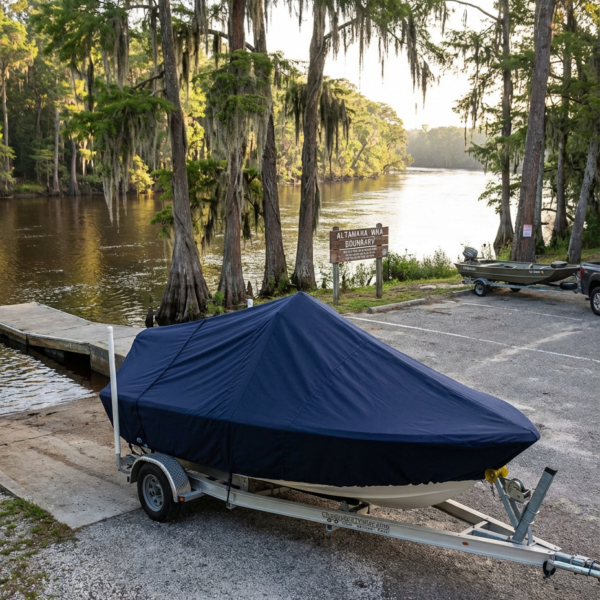 Blue boat on a trailer, covered with a navy tarp, parked by a riverbank marina with trees in the background.