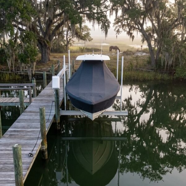 Boat on a covered lift at a wooden dock with mossy trees and calm water, reflection visible on the surface.