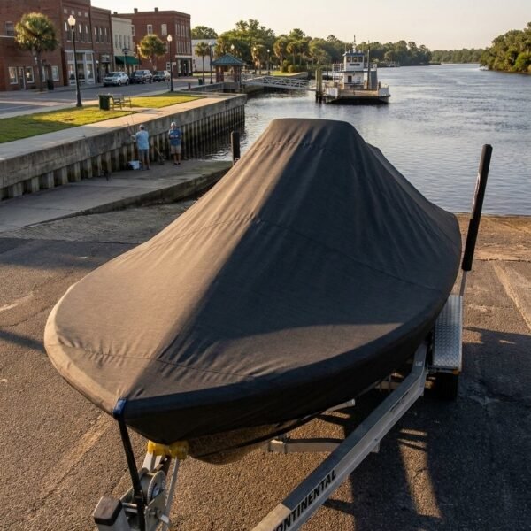 Boat covered with a dark tarp on a trailer at a riverside dock, with town buildings in the background.