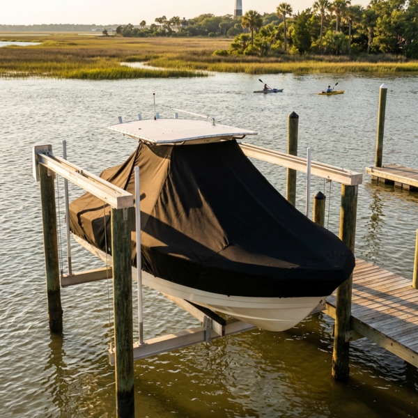 Covered motorboat on a dock lift by calm water, with a lighthouse and palm trees in the distance on shore.