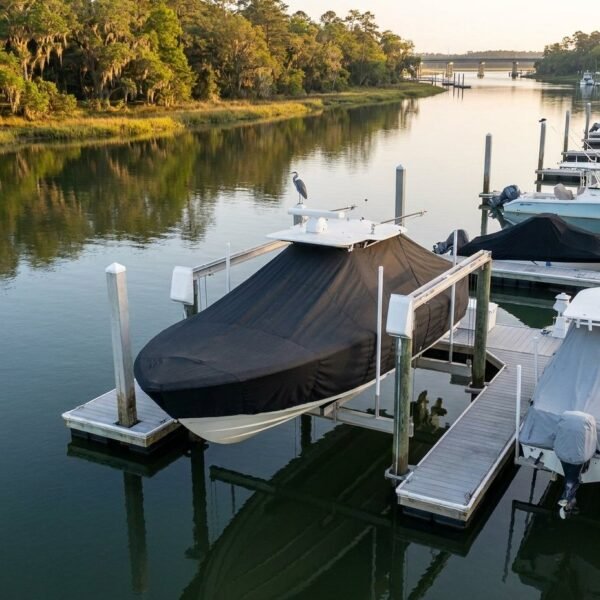 Boats docked at a marina with black covers, calm water, and a heron perched on the bow of one boat; tree-lined shore in the background.