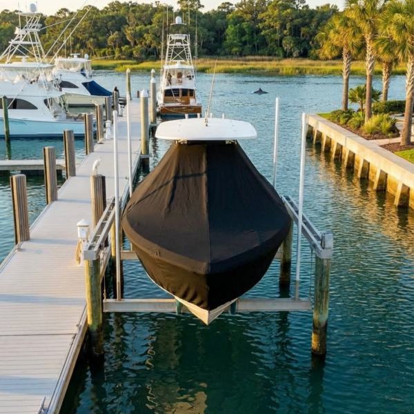 A black-covered boat on a lift at a marina with calm blue-green water and palm trees in the background.