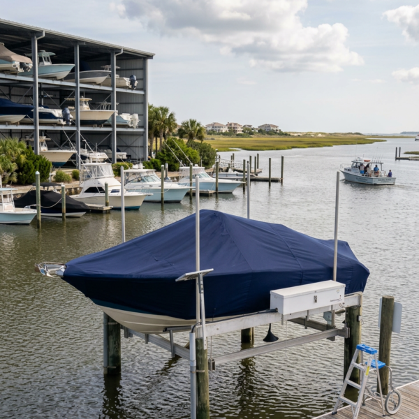 Blue-covered boat on a lift at a marina, with a wooden dock and ladder in the foreground and other boats in the background
