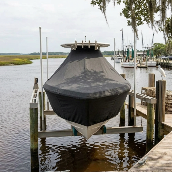 Covered motorboat on a dock lift by calm water, with sailboats in the background and a heron perched on a piling nearby.