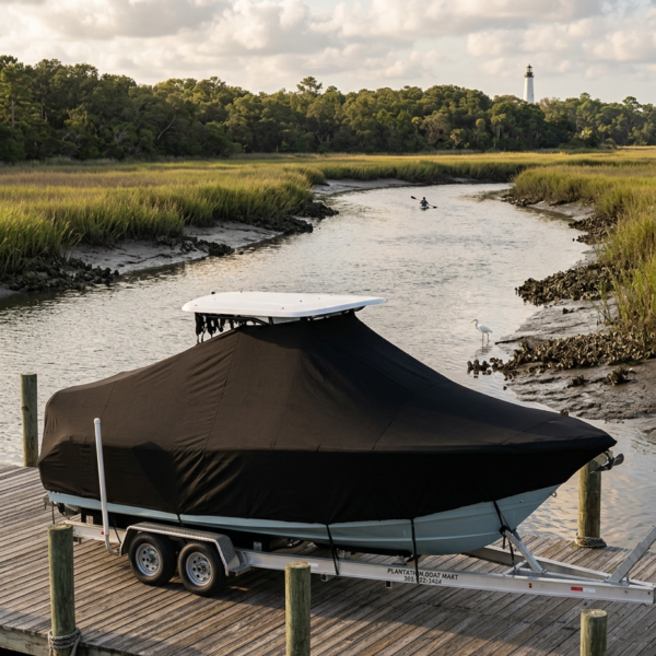 Boat on a trailer covered with a black canvas sits on a wooden dock by calm water, with marsh grass and a distant lighthouse.