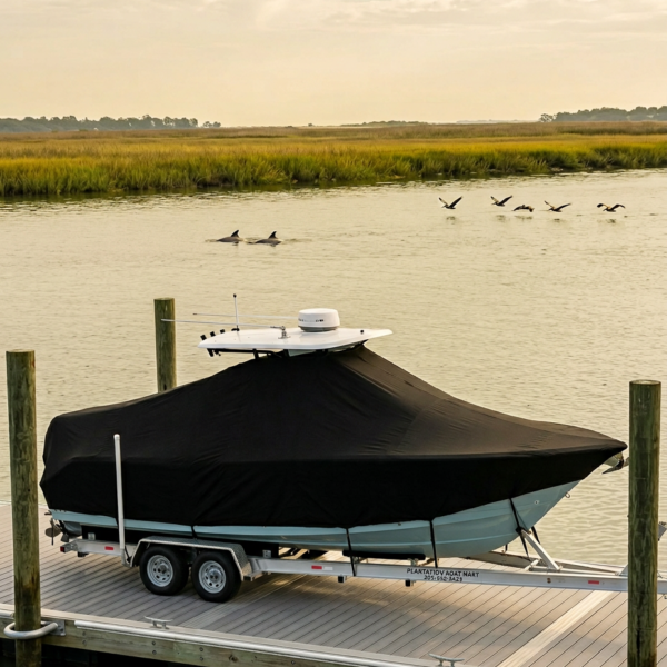 Boat covered with a black tarp on a dual-axle trailer parked on a wooden dock by calm water with marsh grass in the background.