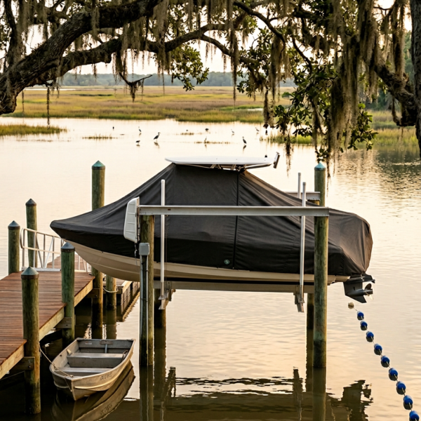 Covered motorboat on a boat lift at a wooden dock by calm water, with a small rowboat moored below and Spanish moss hanging from a large tree overhead in the background.