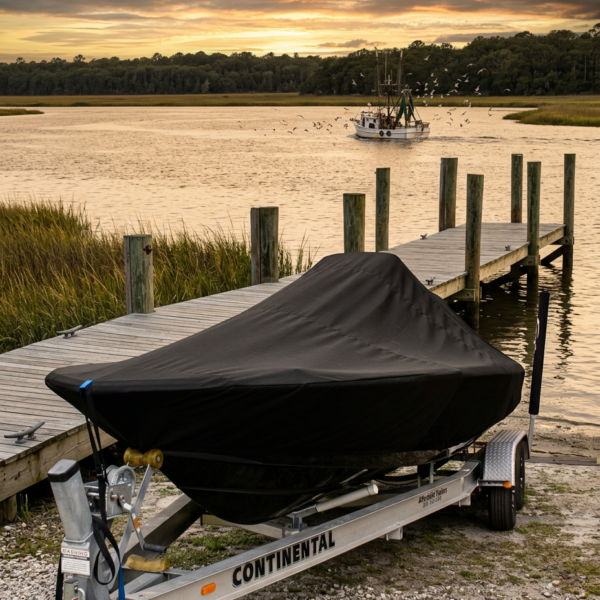 Covered boat on a Continental trailer parked by a wooden dock at sunset, with a calm river and distant boat and birds in the background.