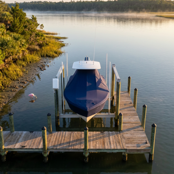 Covered blue boat on a wooden dock extending into a calm lake at dawn, with mist over the water and trees in the distance.