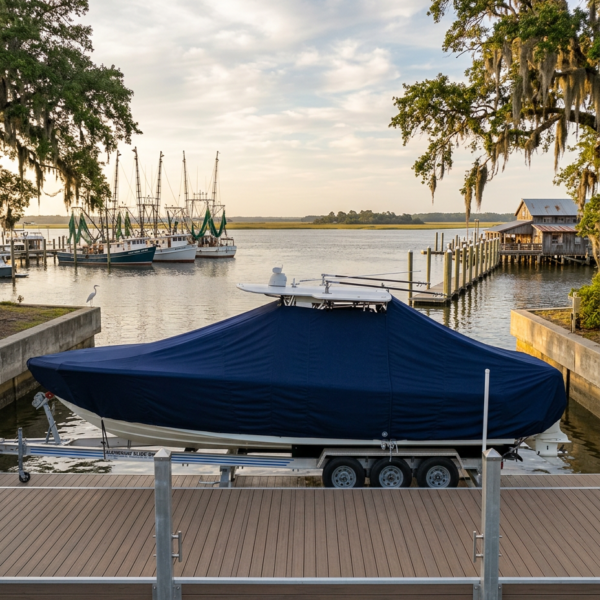 Blue-covered boat on a trailer at a wooden dock, with calm water and sailboats in the background marina.
