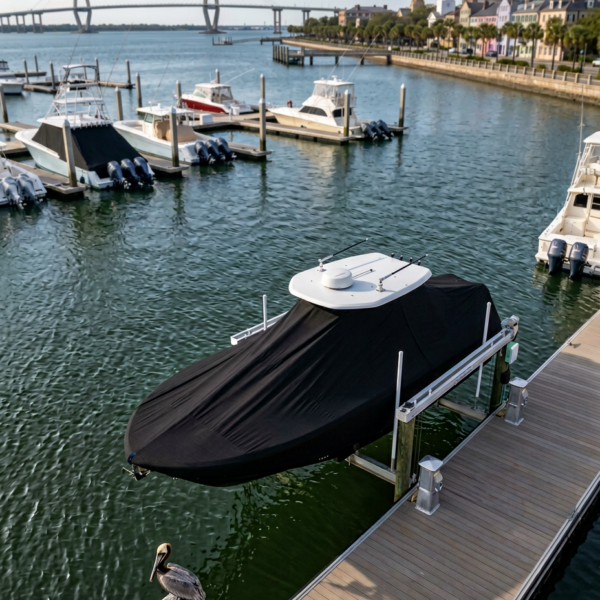Marina with several boats docked; a large black-covered boat sits on a lift near the boardwalk, with a pelican statue nearby and a cityscape with a bridge in the background.