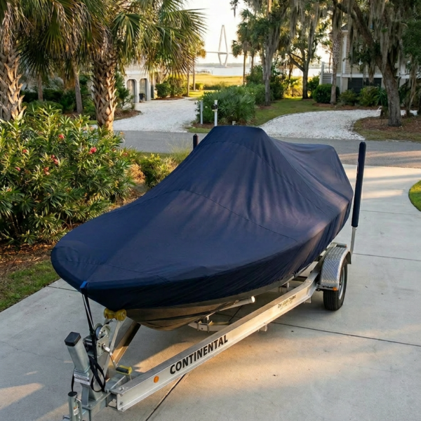 Sea Fox 180 Viper center console boat cover in Navy Sunbrella fabric on single-axle trailer at Mount Pleasant, SC