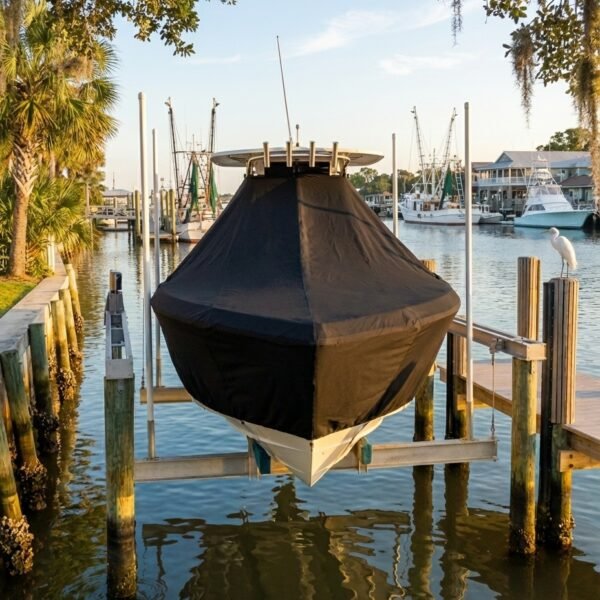 Sea Fox 180 XT T-Top boat cover in Black Sunbrella fabric on dock lift at Shem Creek, Charleston, SC