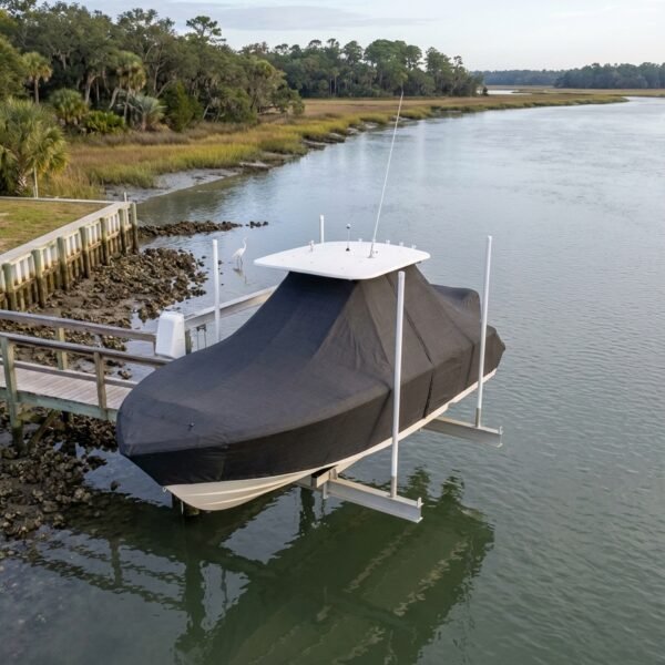 Sea Fox 185 T-Top boat cover in Charcoal Sunbrella fabric on dock lift at Beaufort River, Beaufort, SC