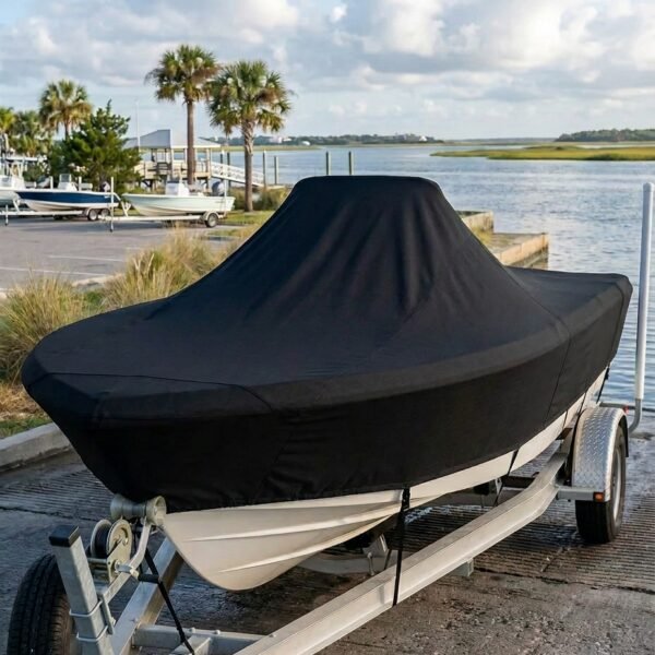 Sea Fox 186 center console boat cover in Black Sunbrella fabric on single-axle trailer at Isle of Palms Marina, SC