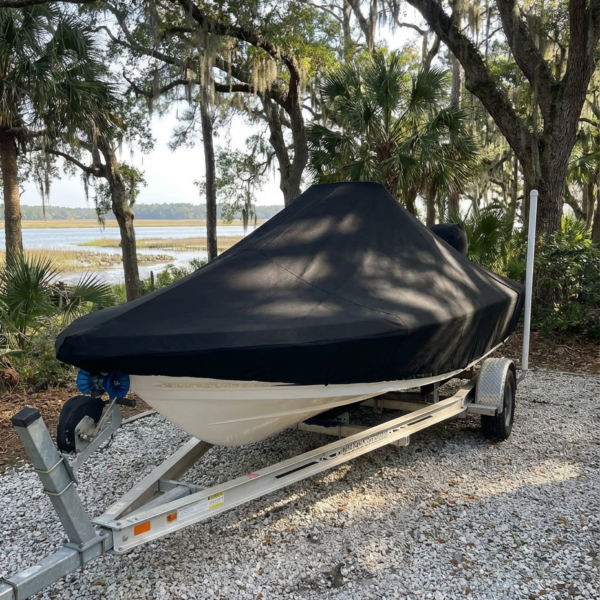Sea Fox 187 center console boat cover in Black Sunbrella fabric on trailer at May River property, Bluffton, SC