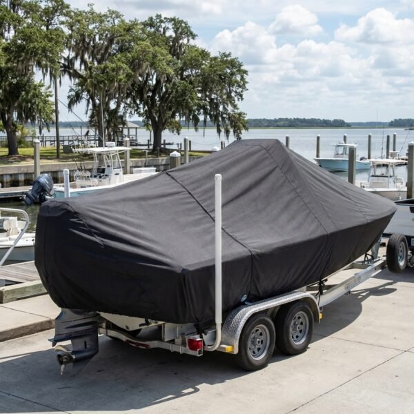 Sea Fox 189 center console boat cover in Charcoal Sunbrella fabric on trailer at Port Royal Landing Marina, Port Royal, SC