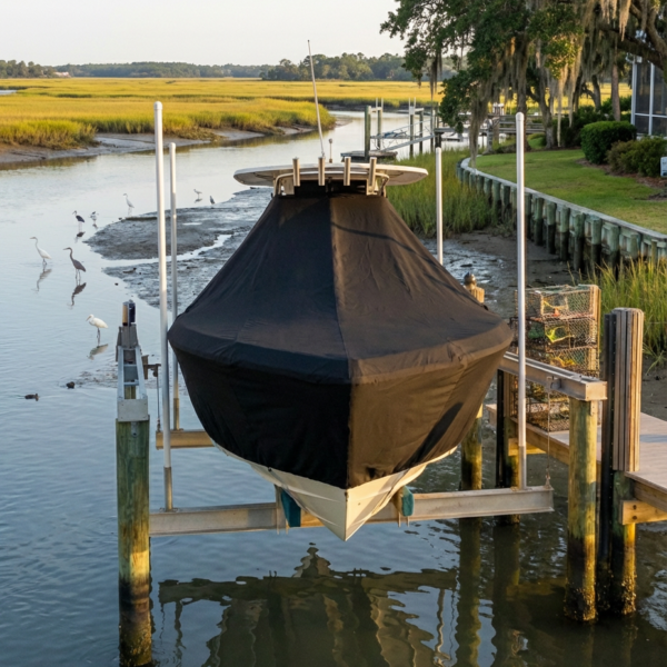 Sea Fox 197 T-Top boat cover in Black Sunbrella fabric on dock lift at Murrells Inlet, SC