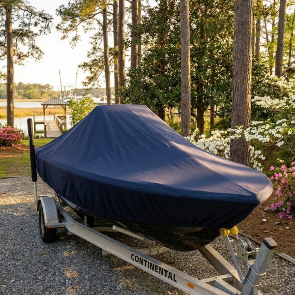 Sea Fox 199 Commander center console boat cover in Navy Sunbrella fabric on single-axle trailer at Calabash, NC