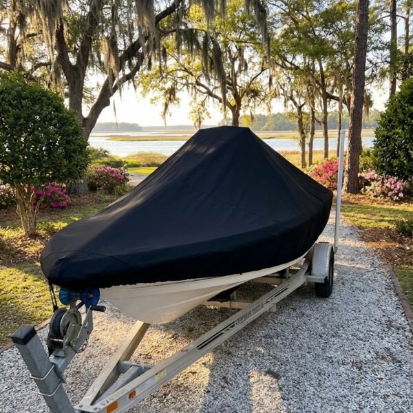 Sea Fox 200 Viper center console boat cover in Black Sunbrella fabric on trailer at Lady's Island, SC