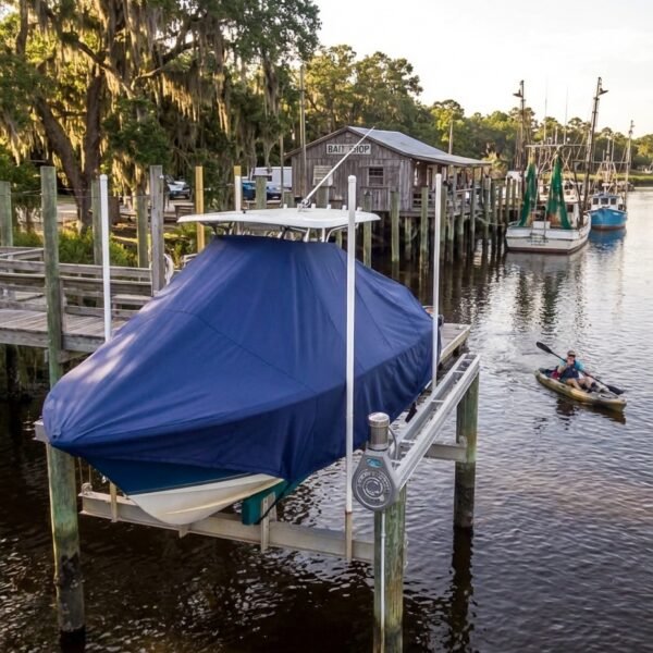 Sea Fox 200 Viper T-Top boat cover in Navy Sunbrella fabric on dock lift at Edisto Marina, Edisto Island, SC