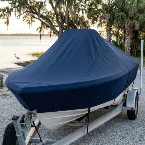 Sea Fox 200 XT center console boat cover in Navy Sunbrella fabric on single-axle trailer at Spring Island, SC