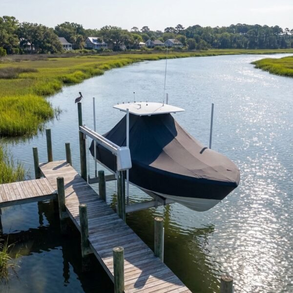 Sea Fox 200 XT T-Top boat cover in Charcoal Sunbrella fabric on dock lift at Pawleys Island, SC