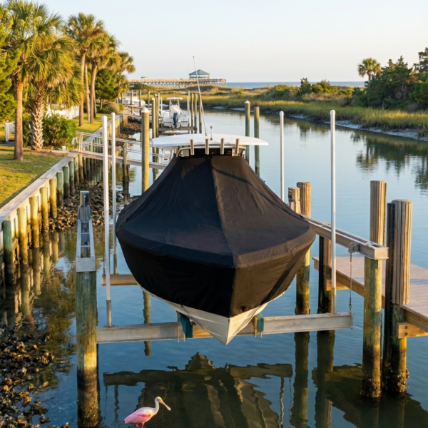 Sea Fox 205 Bay T-Top boat cover in Black Sunbrella fabric on dock lift at Folly Creek Marina, Folly Beach, SC