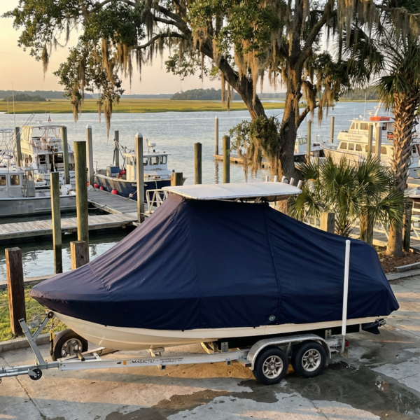 Sea Fox 206 T-Top boat cover in Navy Sunbrella fabric on dock lift at Thunderbolt Marina, Savannah, GA