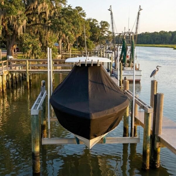 Sea Fox 209 T-Top boat cover in Navy Sunbrella fabric on dock lift at Jeremy Creek, Awendaw, SC