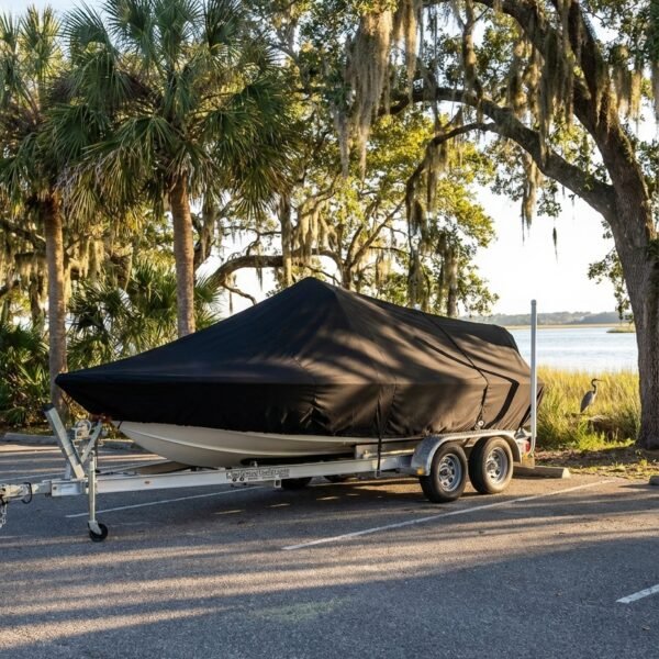 Sea Fox 21 Bay Fisher center console boat cover in Black Sunbrella fabric on tandem-axle trailer at Port Royal, SC