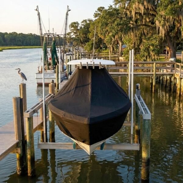 Sea Fox 210 T-Top boat cover in Black Sunbrella fabric on dock lift at McClellanville Town Dock, McClellanville, SC