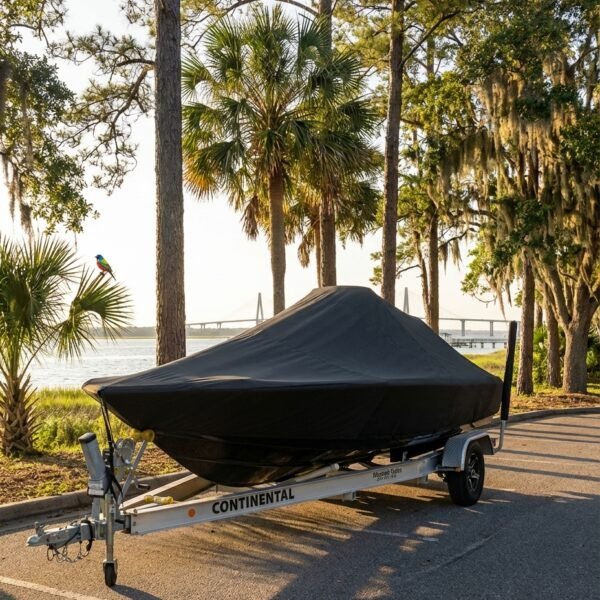 Sea Fox 220 Viper center console boat cover in Charcoal Sunbrella fabric on single-axle trailer at Jekyll Island Marina, Jekyll Island, GA