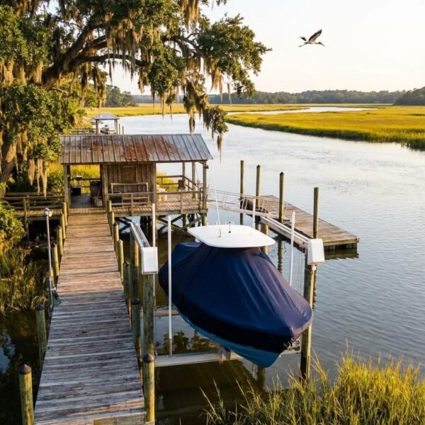 Sea Fox 220 Viper T-Top boat cover in Navy Sunbrella fabric on canal lift at Wadmalaw River dock, Wadmalaw Island, SC