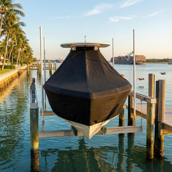 Sea Fox 225 T-Top boat cover in Black Sunbrella fabric on dock lift at Sullivan's Island, SC