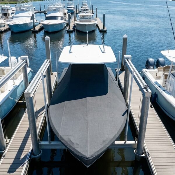 Sea Fox 226 Commander T-Top boat cover in Charcoal Sunbrella fabric on dock lift at Daniel Island Marina, Daniel Island, SC