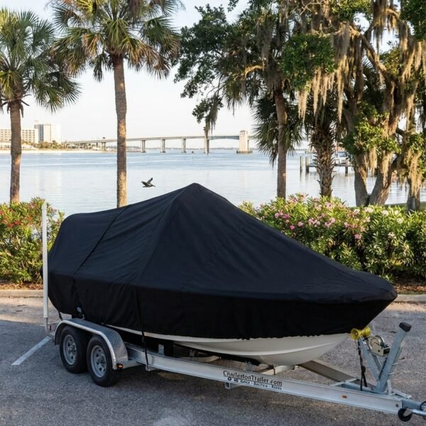 Sea Fox 226 Traveler center console boat cover in Black Sunbrella fabric on tandem-axle trailer at Halifax Harbor Marina, Daytona Beach, FL