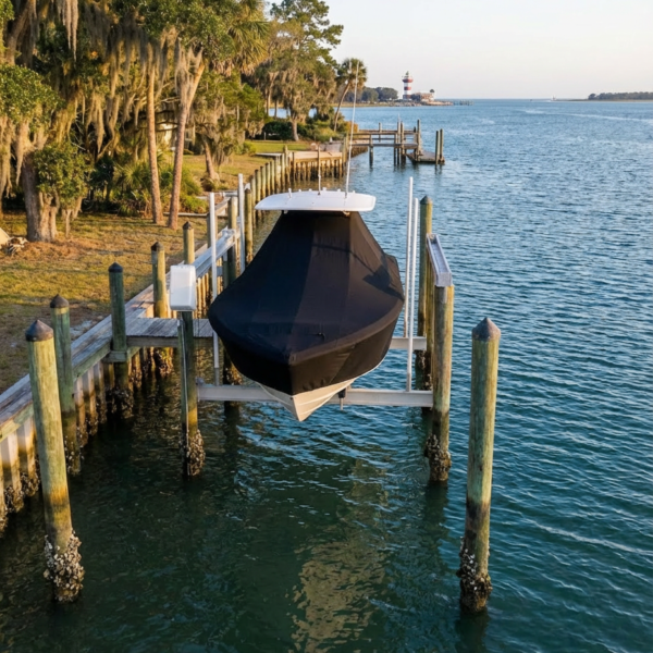 Sea Fox 228 Commander T-Top boat cover in Black Sunbrella fabric on dock lift at Daufuskie Island, SC