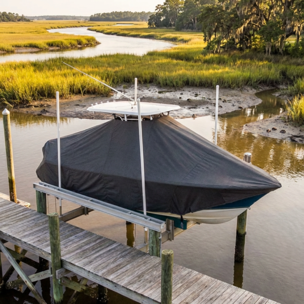 Sea Fox 231 Bay Fox T-Top boat cover in Charcoal Sunbrella fabric on dock lift at Pawleys Island, SC