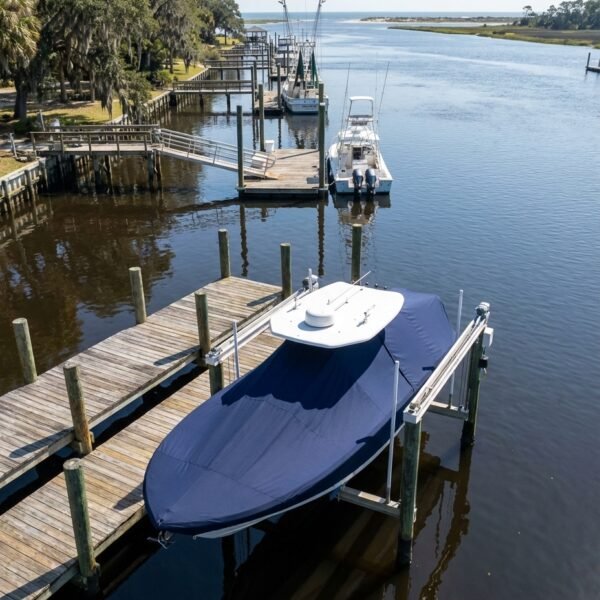 Sea Fox 236 T-Top boat cover in Navy Sunbrella fabric on dock lift at Edisto Island Marina, Edisto Island, SC