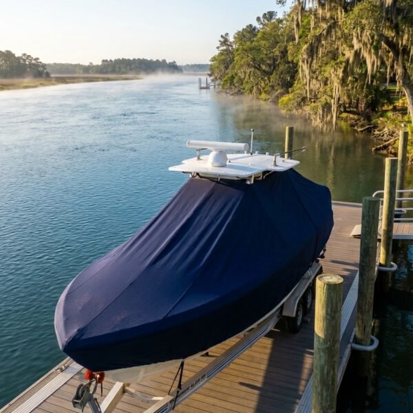 Sea Fox 240 Viper T-Top boat cover in Navy Sunbrella fabric on dock lift at Seabrook Island, SC